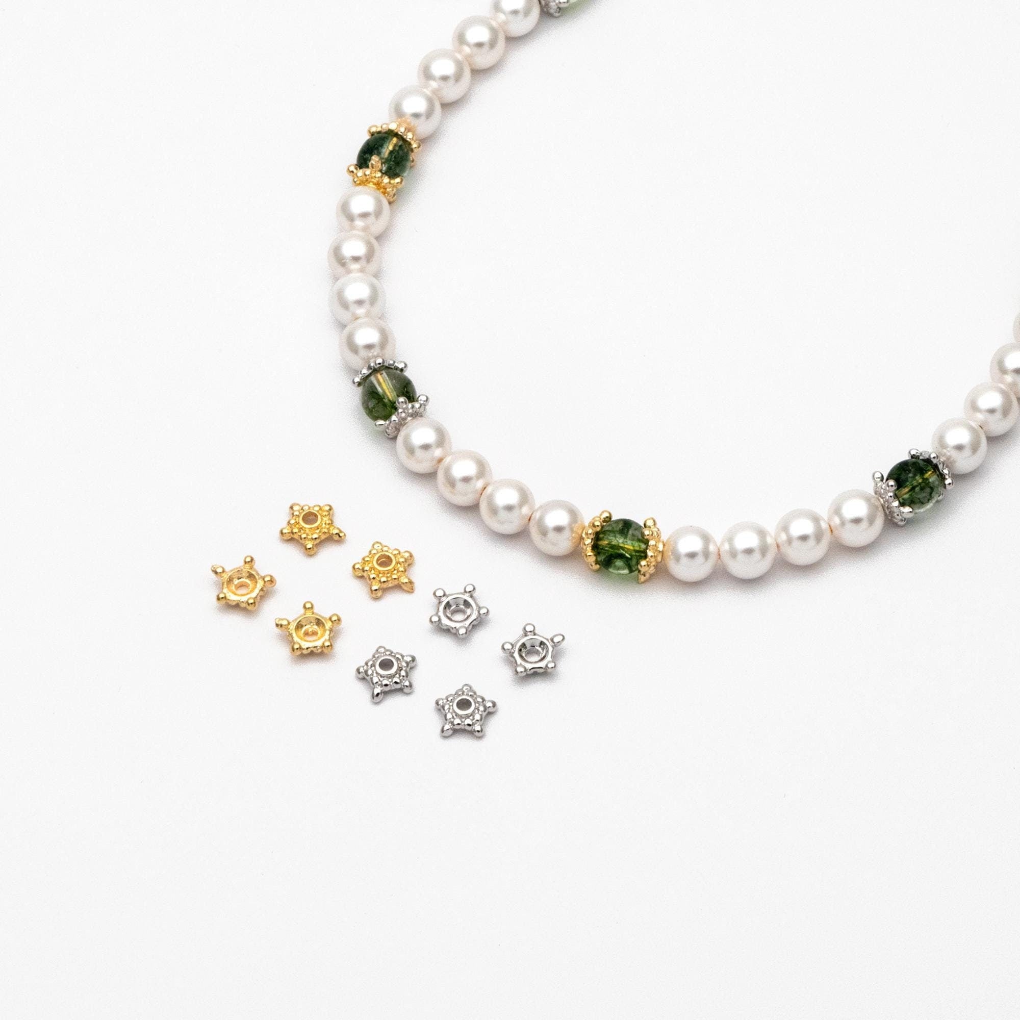 20pcs Gold/ Silver Floral Bead Caps 7mm, Fit 8mm Beads, Real Gold/ Rhodium plated Brass Spacers, Lead Nickel Free (GB-200)